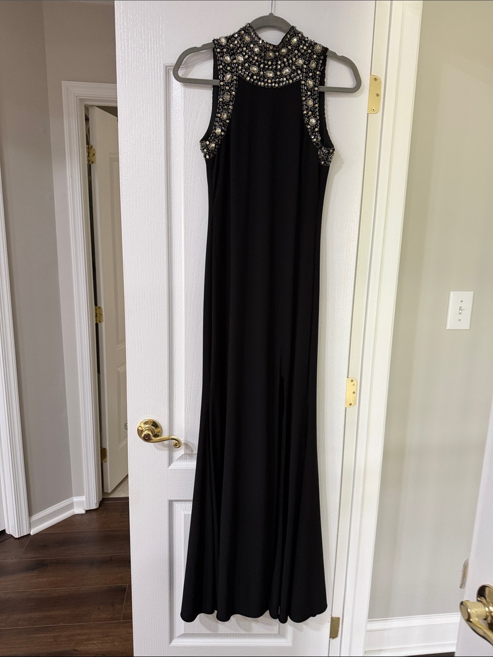 Betsy & Adam Black High-Neck Beaded Evening Gown With Slit On Side Size 4